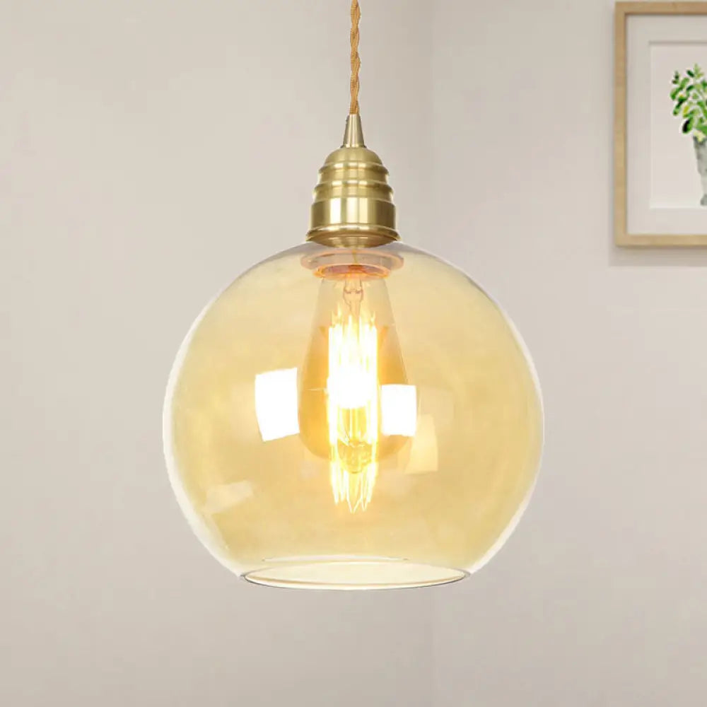 Amber Glass Pendant Lighting - Industrial Global Ceiling Light In Brass (8 /10 /12 Wide)