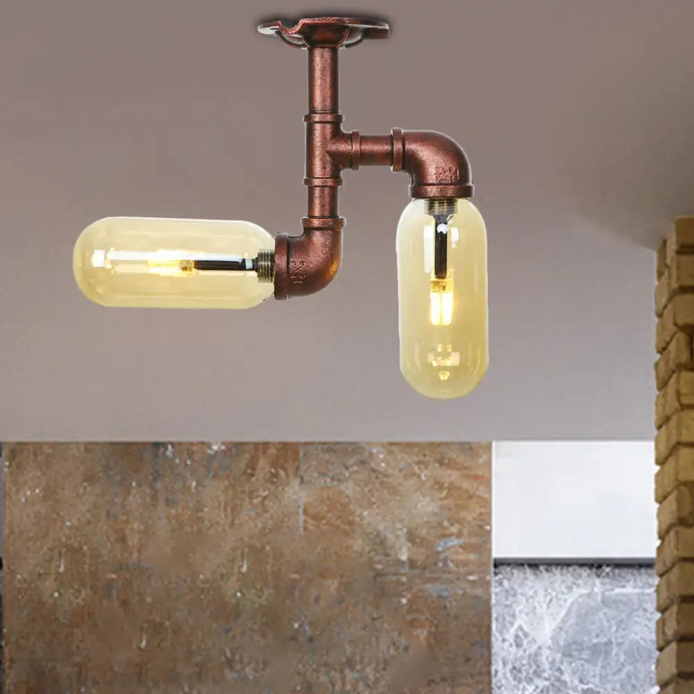 Amber Glass Semi Flush Industrial Dining Room Light Fixture In Weathered Copper - Capsule Shade 2 -