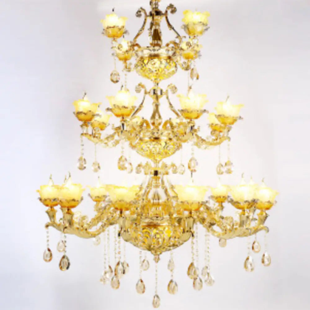 Amber Textured Glass Modernism Pendant Light Fixture - Petal Living Room Chandelier In Gold 24 /
