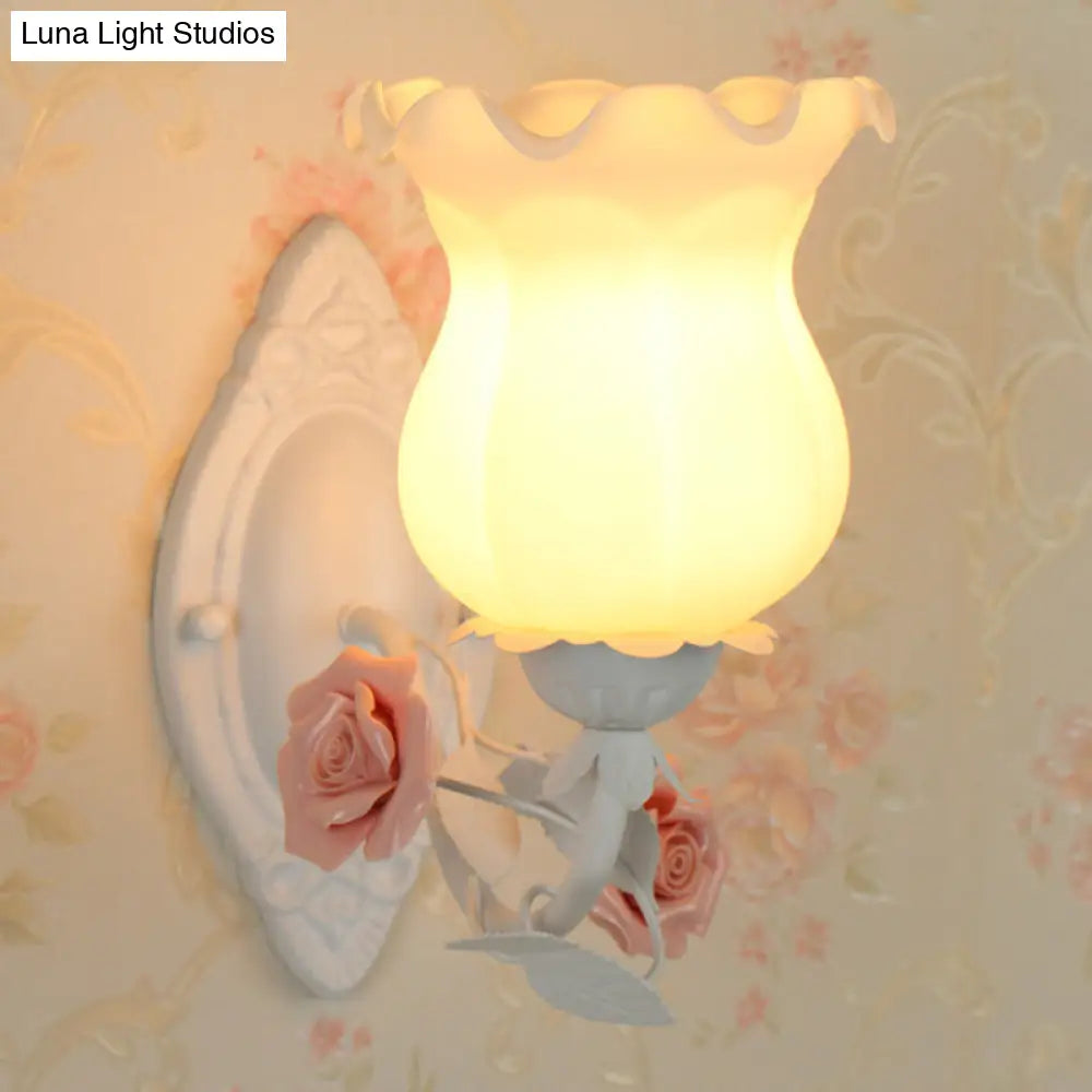 American Garden 1-Light Wall Sconce - Pink/Green/Blue Frosted White Glass Floral Design