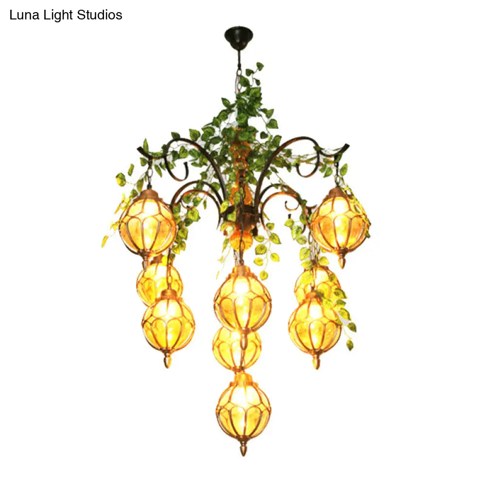 Antique Amber Glass Chandelier With Brass Finish - Perfect For Dining Room Lighting (5/9 Lights)