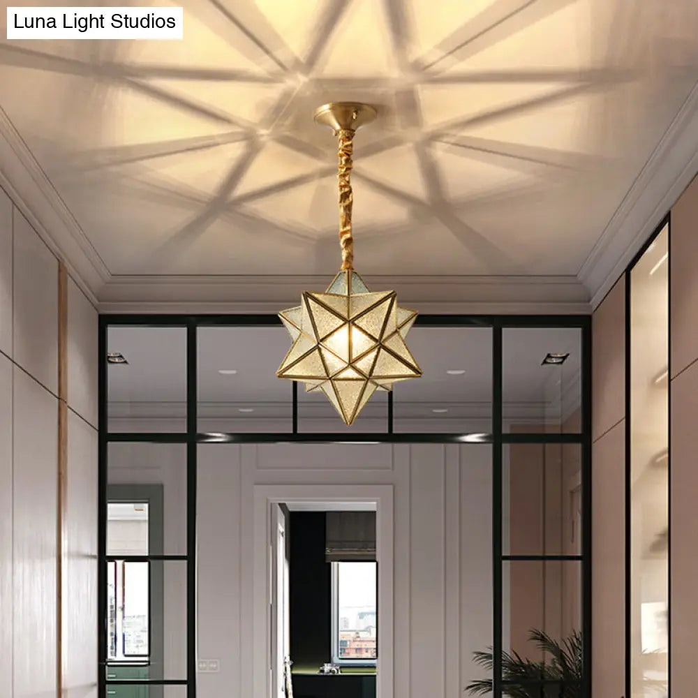 Antique Brass Star Shade Glass Pendant Lamp - Vintage Hanging Light For Hallway With Adjustable