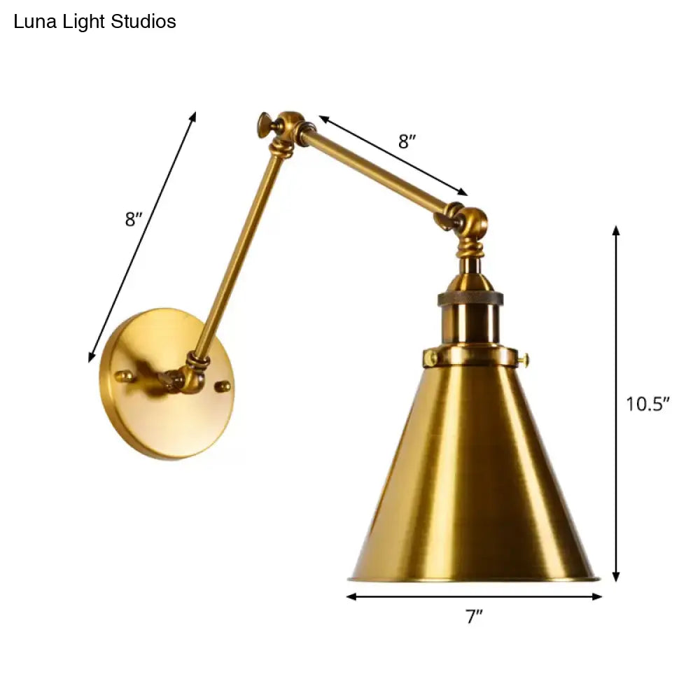 Antique Brass Wall Light With Flexible Swivel Arm And Conic Mount - 1 Bulb Fixture