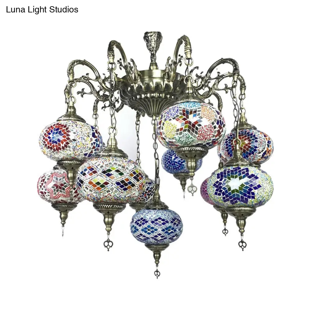 Antique Curved Arm Bronze Chandelier With 11 Glass Shades Global Colorful Hanging Light Kit