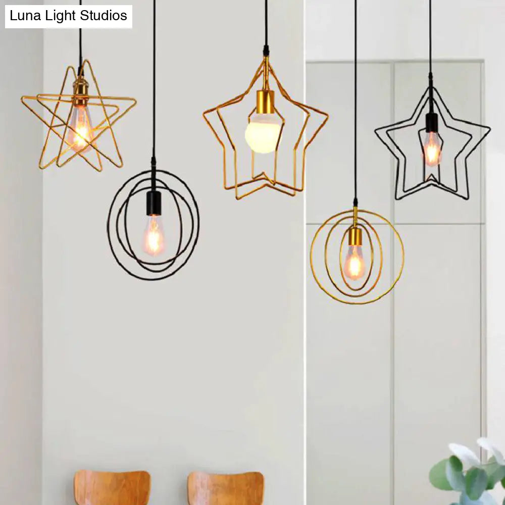 Antique Gold Star Cage Pendant Light For Dining Room - 1-Light Hanging Fixture