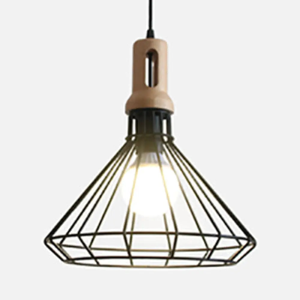 Antique Metal Wire Cage Pendant Lamp With Cone Shade For Living Room Black /
