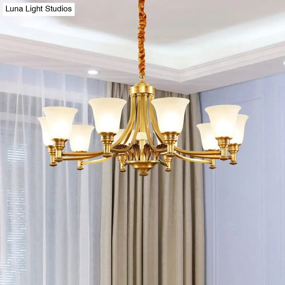 Antique Style Opaline Glass Bedroom Chandelier With Brass Flared Design