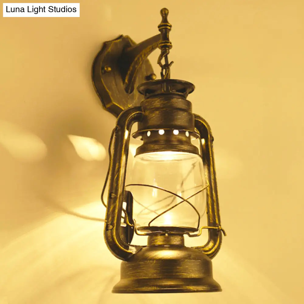 Antique Style Single-Bulb Oil Lantern Sconce: Clear Glass Wall Mount Light For Aisles