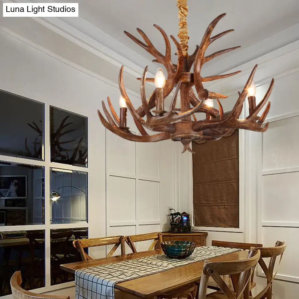Antler Resin Chandelier: Traditional Candle Shape Hanging Lamp With 4/6/9 Bulbs In Coffee