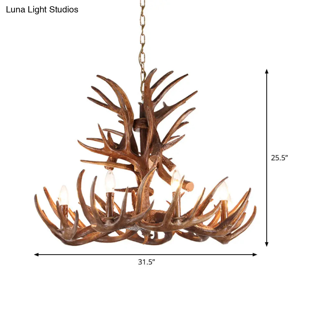 Antler Resin Chandelier: Traditional Candle Shape Hanging Lamp With 4/6/9 Bulbs In Coffee