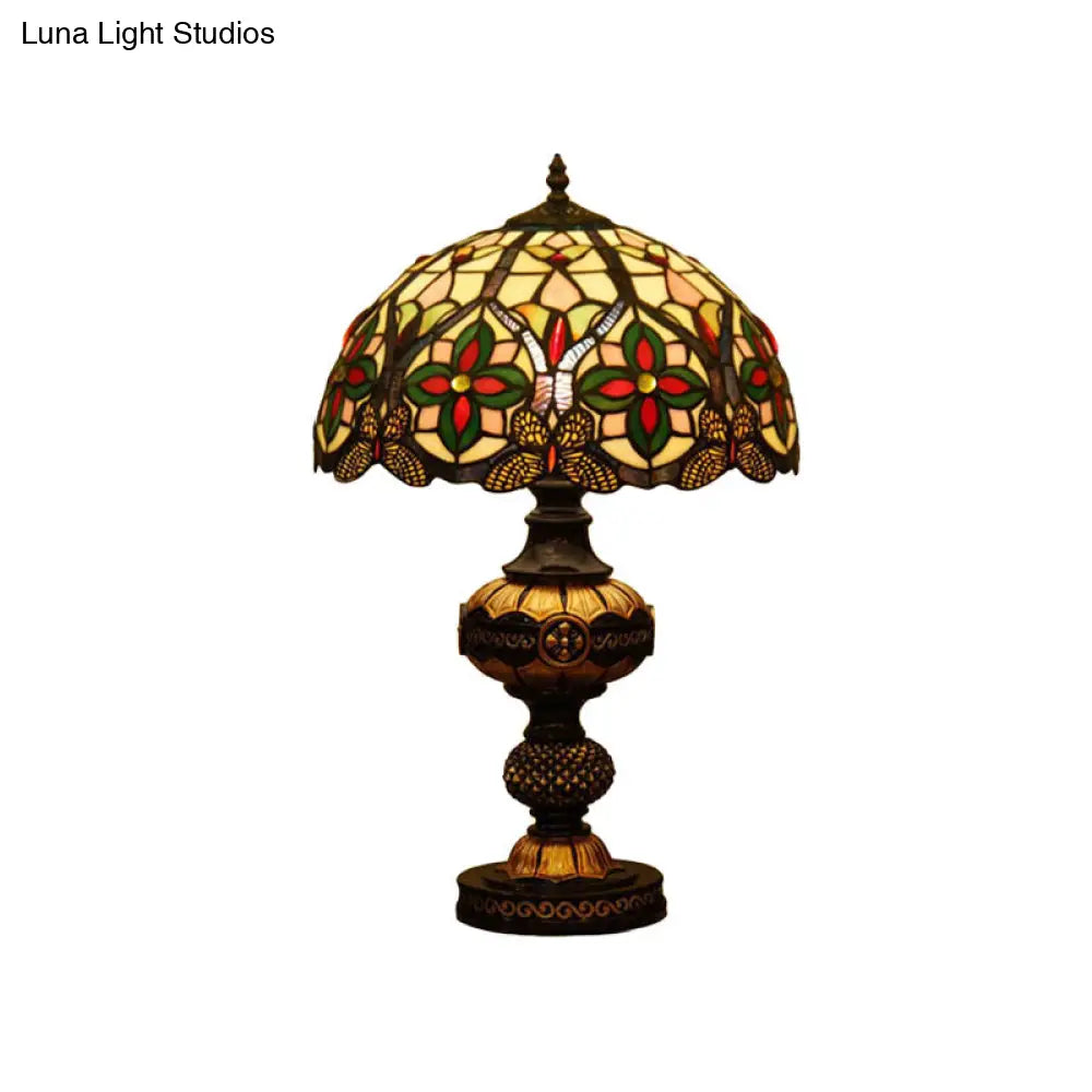 Art Glass Victorian Desk Lamp With Stained Beige/Orange Bowl Shade - Elegant Flower Night Table