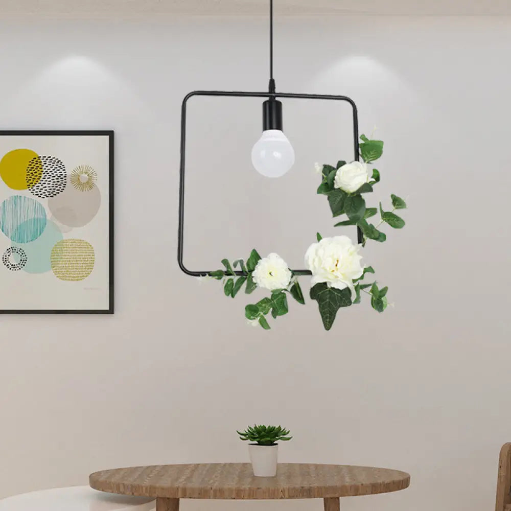 Artificial Flower Pendant With Loft Style Iron Frame - Triangle Round Square Design Black /