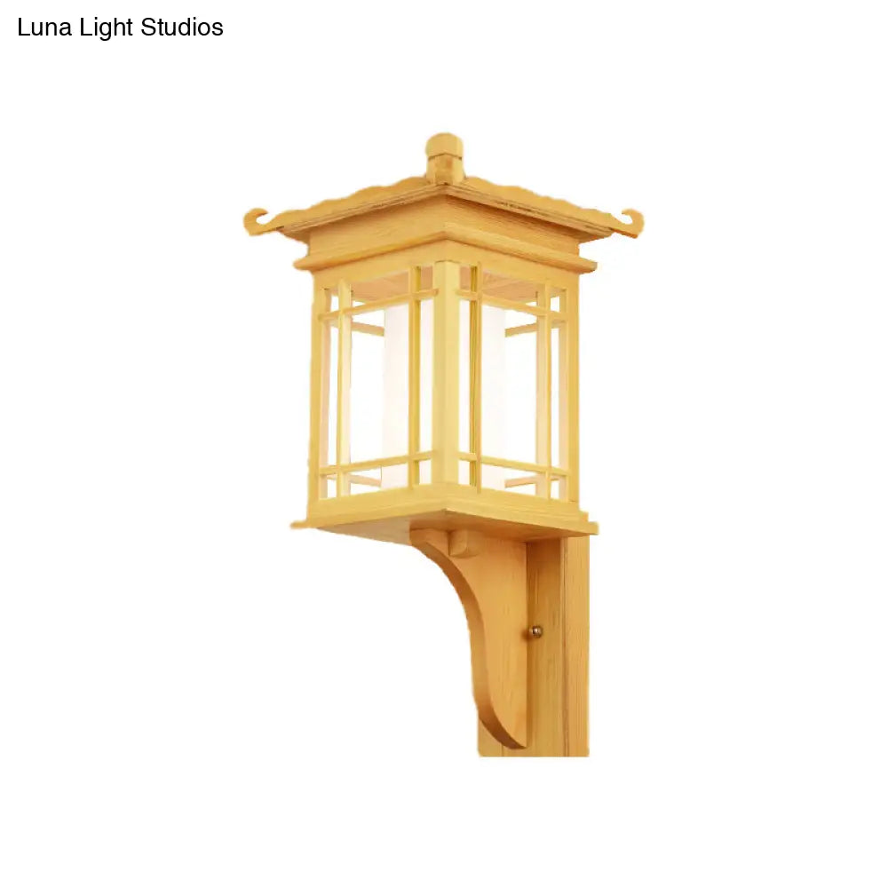 Asian Style Wooden House Wall Sconce - Beige Single Bulb Lamp For Restaurants