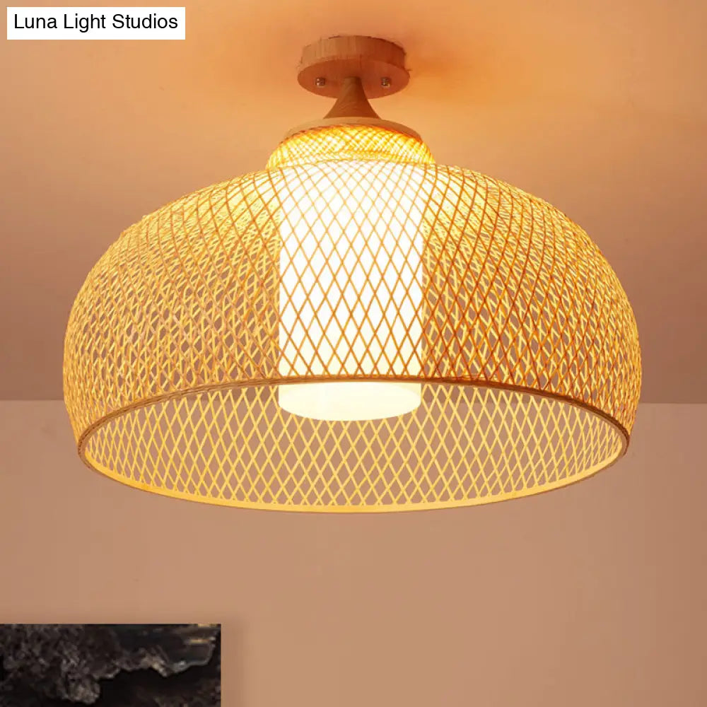 Bamboo Domed Semi Flush Light: Asian 1 - Bulb Wood Ceiling Fixture Cylinder White Shade