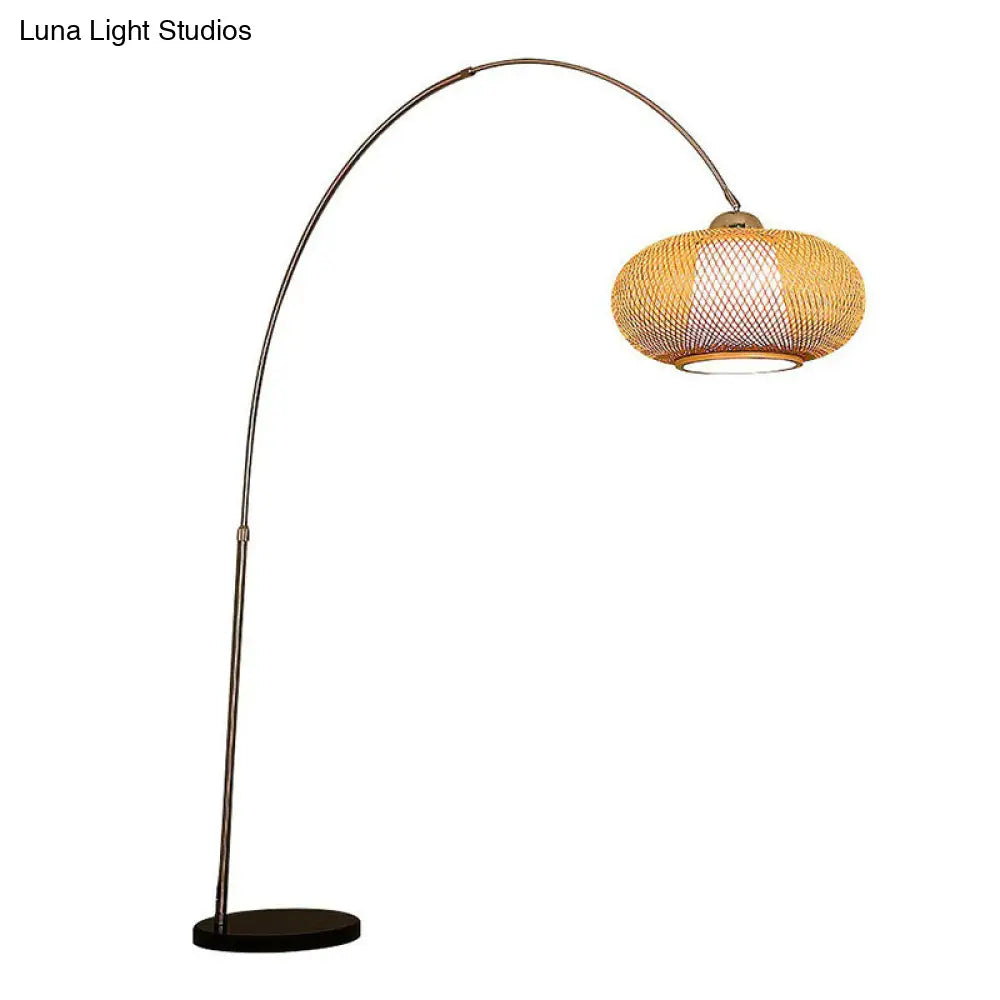 Bamboo Lantern Tea Room Floor Lamp With Minimalist Design And Wood Fishing Rod Arm