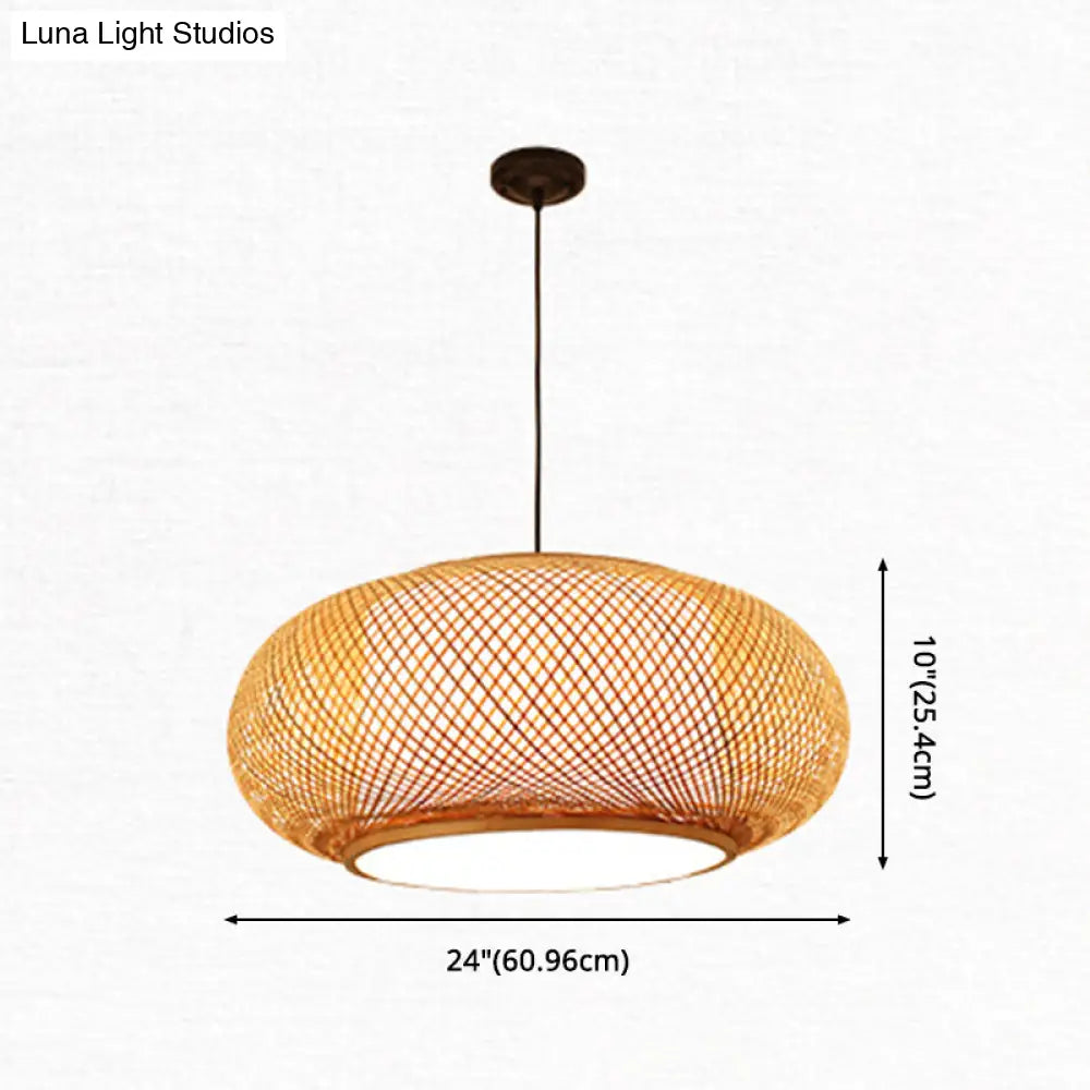 Bamboo Round Lantern Pendant Ceiling Light For Restaurants - Beige With 1