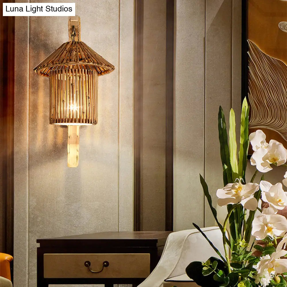 Bamboo Wall Lamp: Wood Cylinder/House/Teapot Sconce Light Fixture With Curved Arm