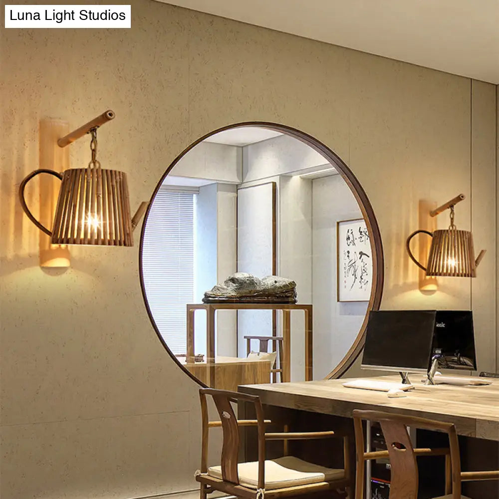 Bamboo Wall Lamp: Wood Cylinder/House/Teapot Sconce Light Fixture With Curved Arm