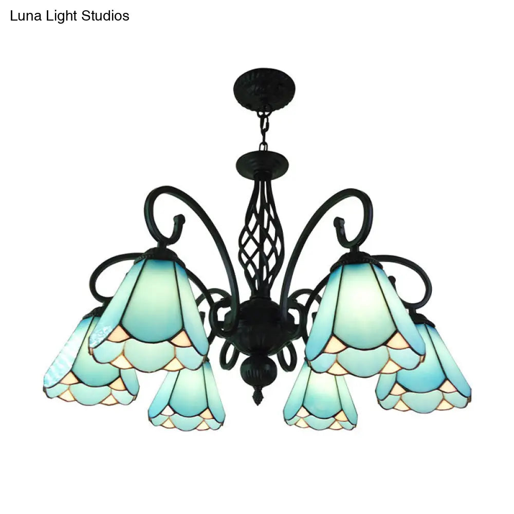 Baroque Black Cone Chandelier With 5/6/8 White/Blue Glass Drop Lights For Living Room