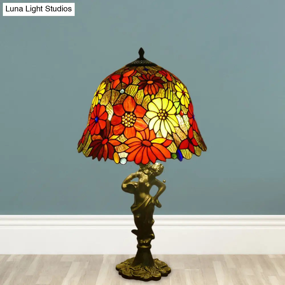Baroque Gold Stained Glass Flower Patterned Night Lighting Lamp With Elegant Bell/Scalloped Design