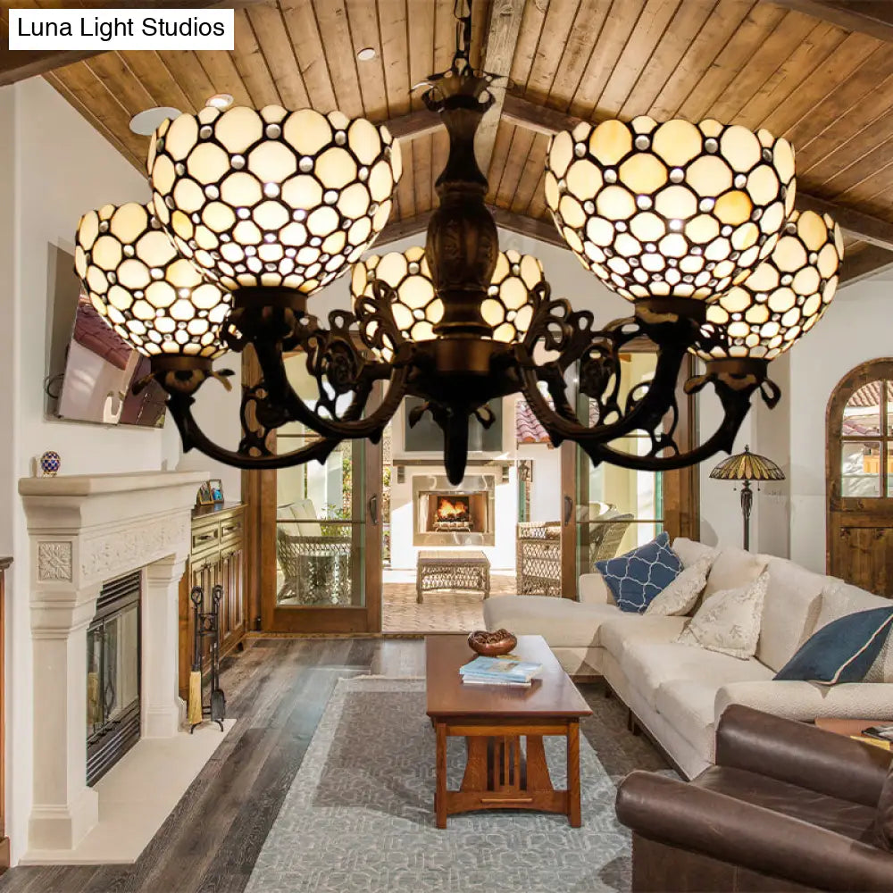 Beaded Glass Metal Chandelier - Traditional Hanging Light For Living Room Beige/Orange