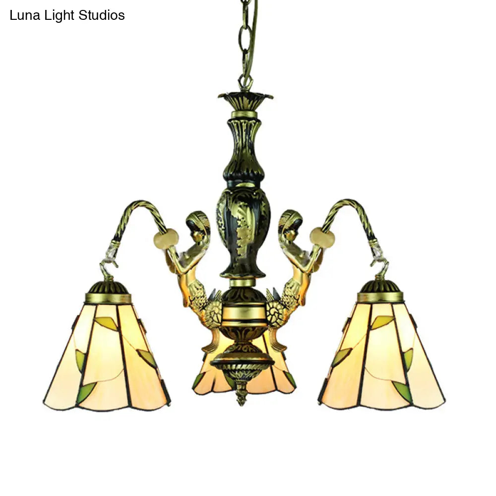 Beige Tiffany 3-Light Chandelier: Mermaid Cut Glass Pendant For Dining Room