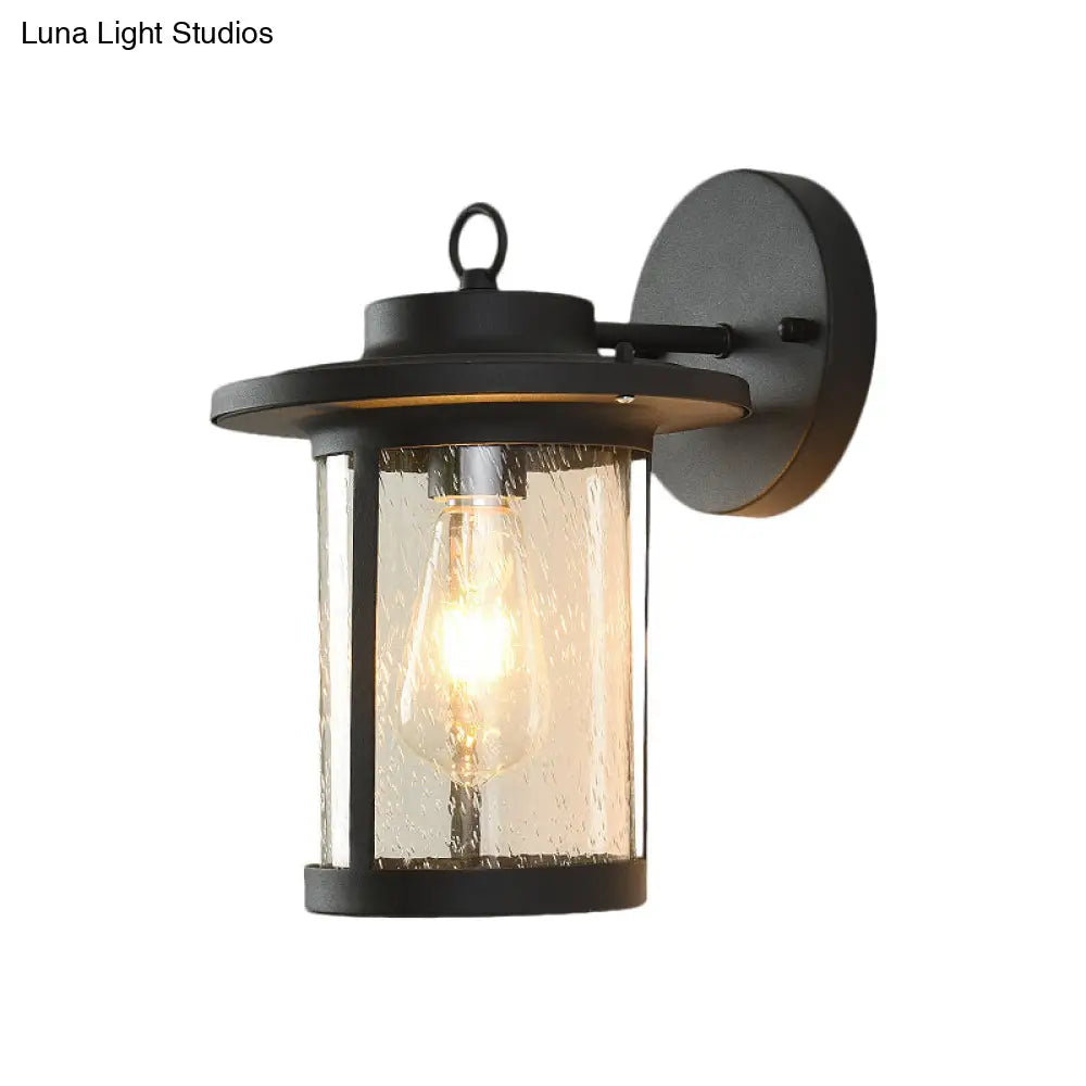 Black/Brass Cylinder Wall Light With Seedy Glass - Ideal For Warehouse Mounted