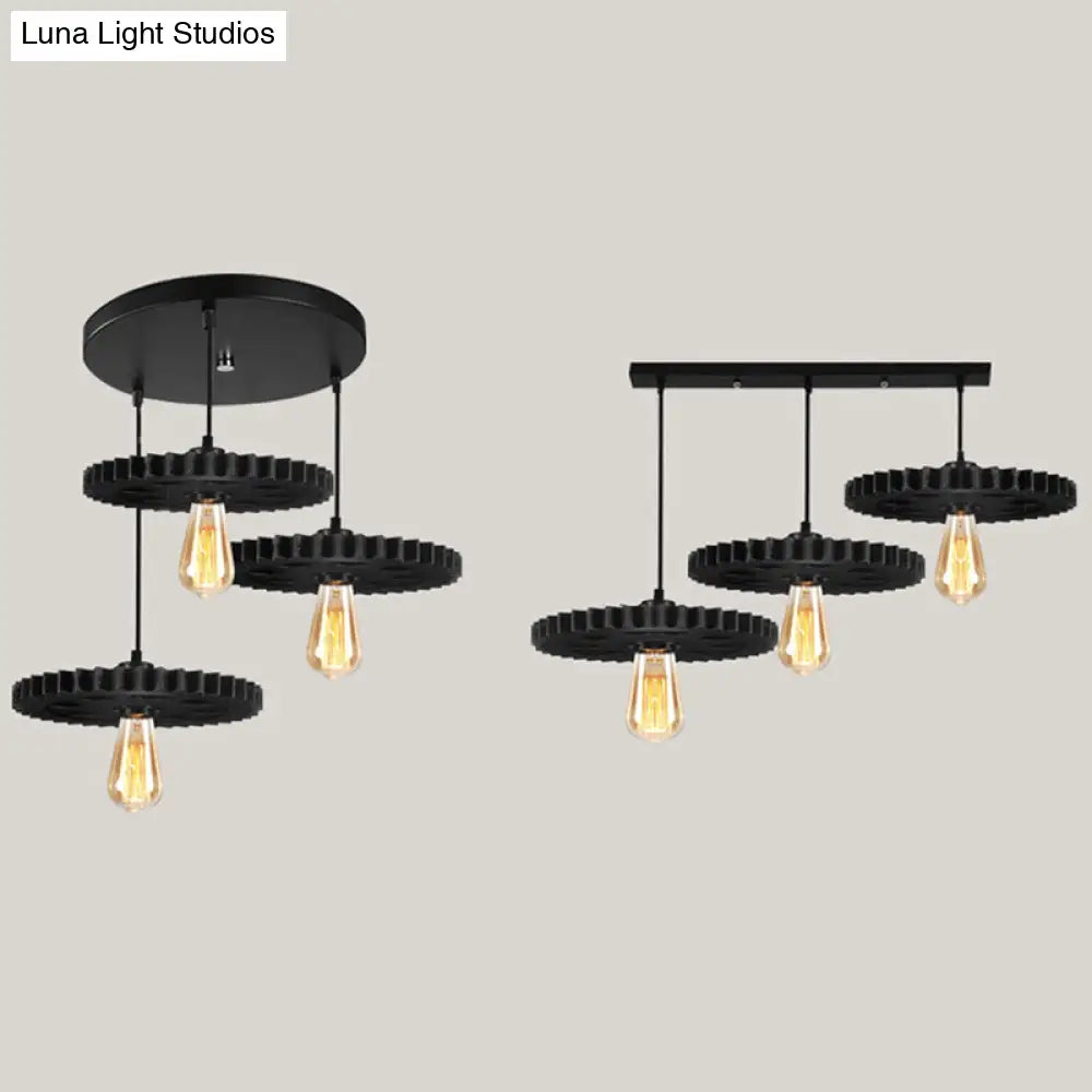 Black Industrial Style Metal Pendant Light With Open Bulb And Gear Decoration