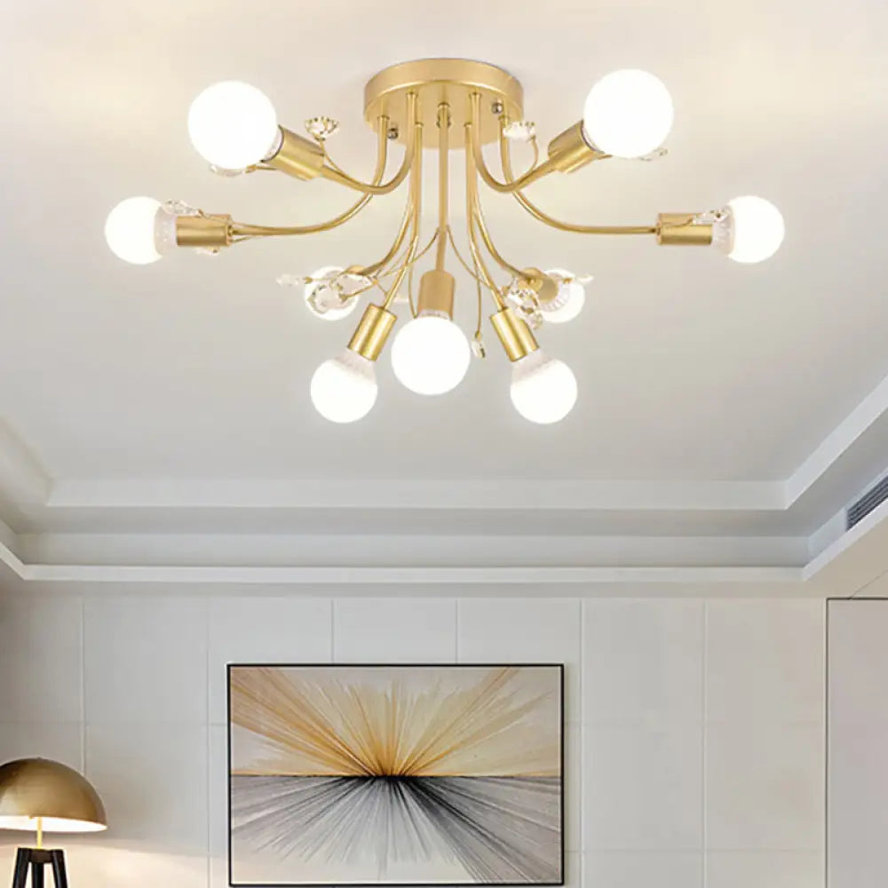Black/White/Gold Metal Curved Arms Semi Flush Mount Light - Nordic Style 6/9 Lights Bedroom Ceiling