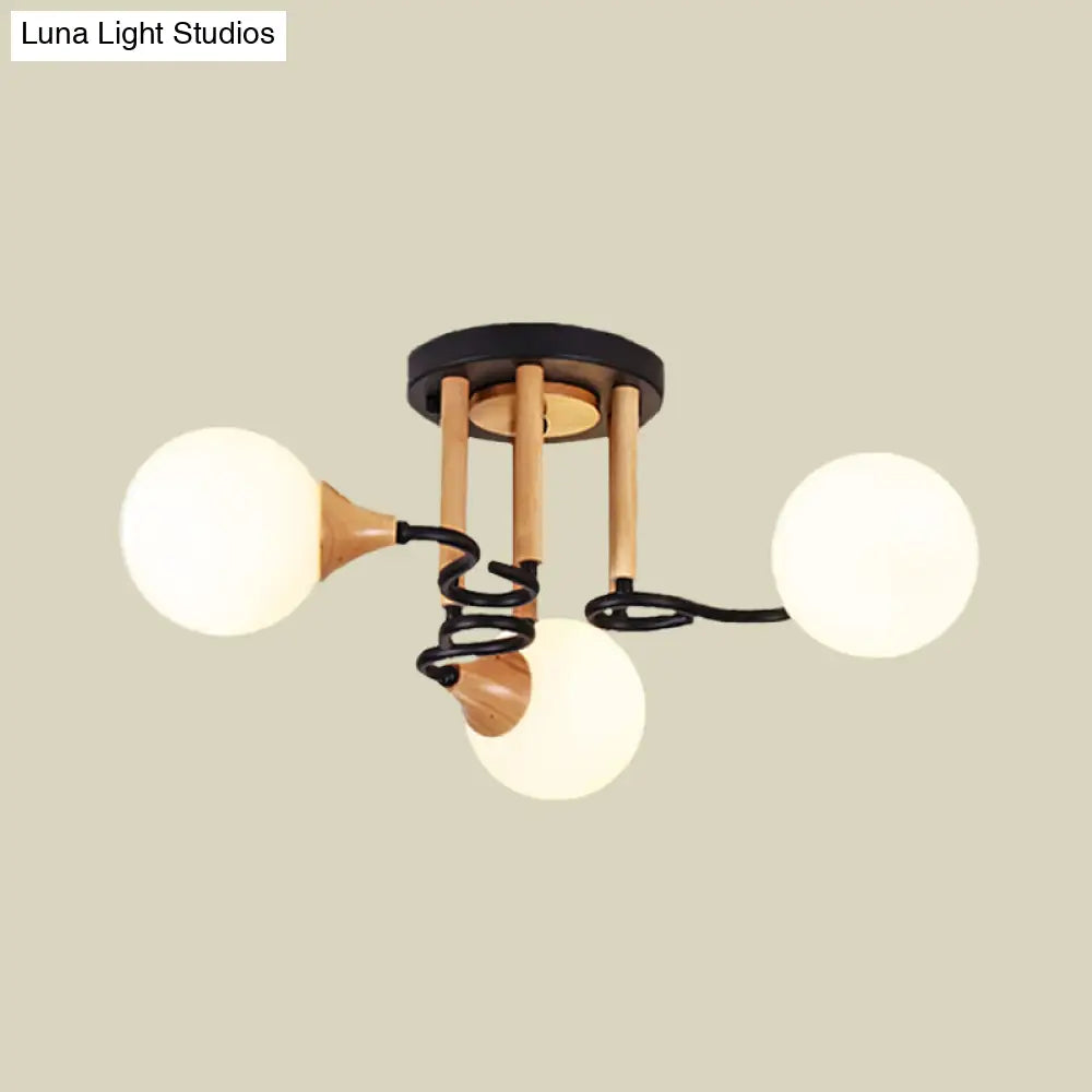 Black & Wood Sphere Semi Flush Mount Light - Modern 3/6 Lights Opal Glass Ceiling Lamp