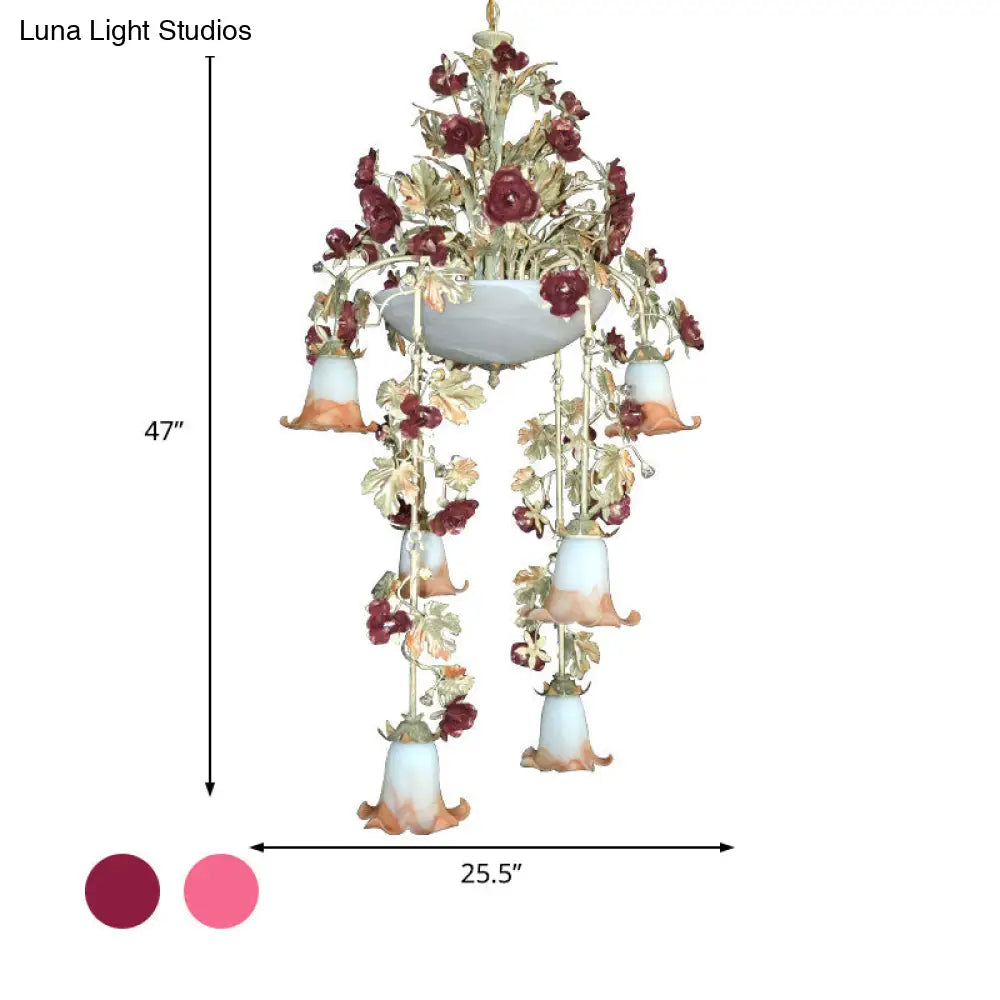 Blossom White Chandelier With 10 Led Bulbs - Elegant Bedroom Lighting In Pink/Red