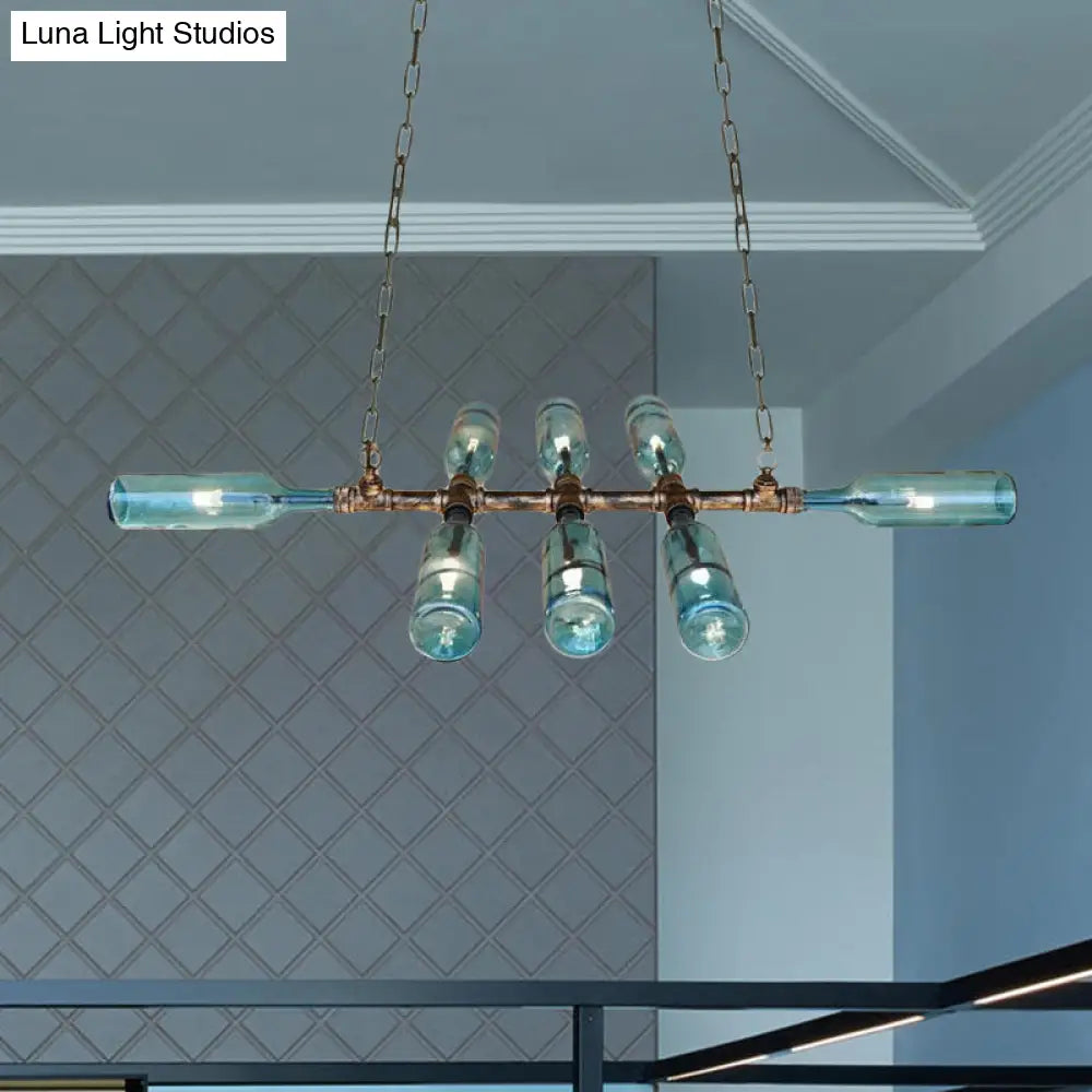 Blue/Amber Vintage Style Glass Bottle Chandelier Pendant Light With Pipe - 8 Heads Ideal For