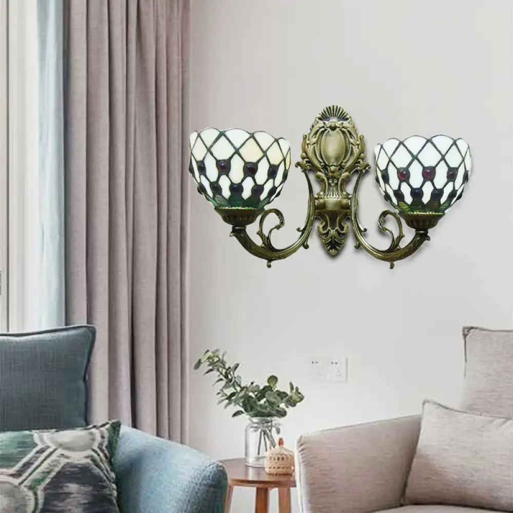 Blue/Beige Lattice Bowl Wall Sconce Tiffany Traditional Lamp For Bathroom Beige