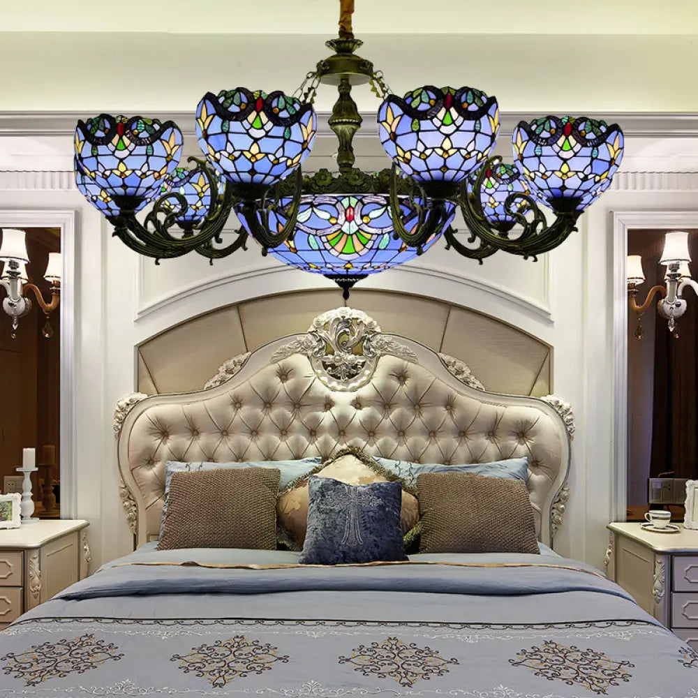 Blue Stained Glass Chandelier With Bell And Dome Shade For Living Room Inspired By 9/11 Memorial