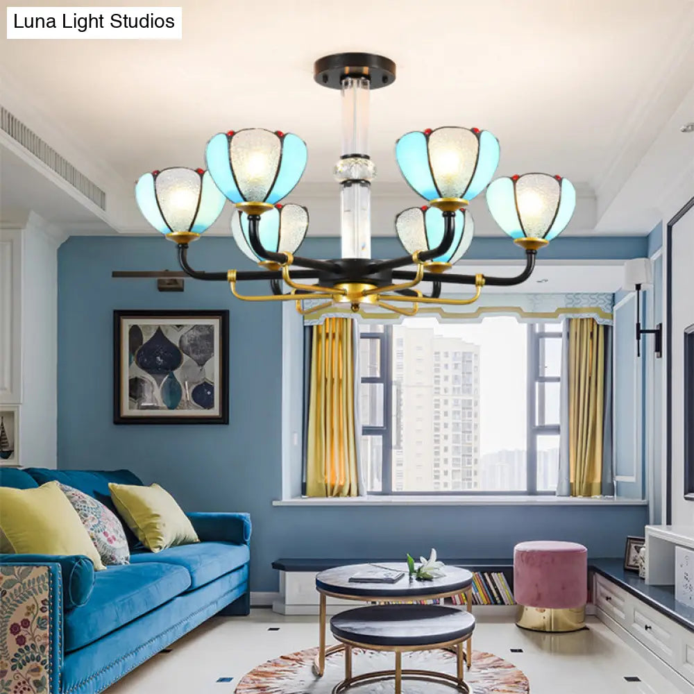 Blue Stained Glass Floral Chandelier - Traditional Pendant Lighting For Living Room 6/8 Lights