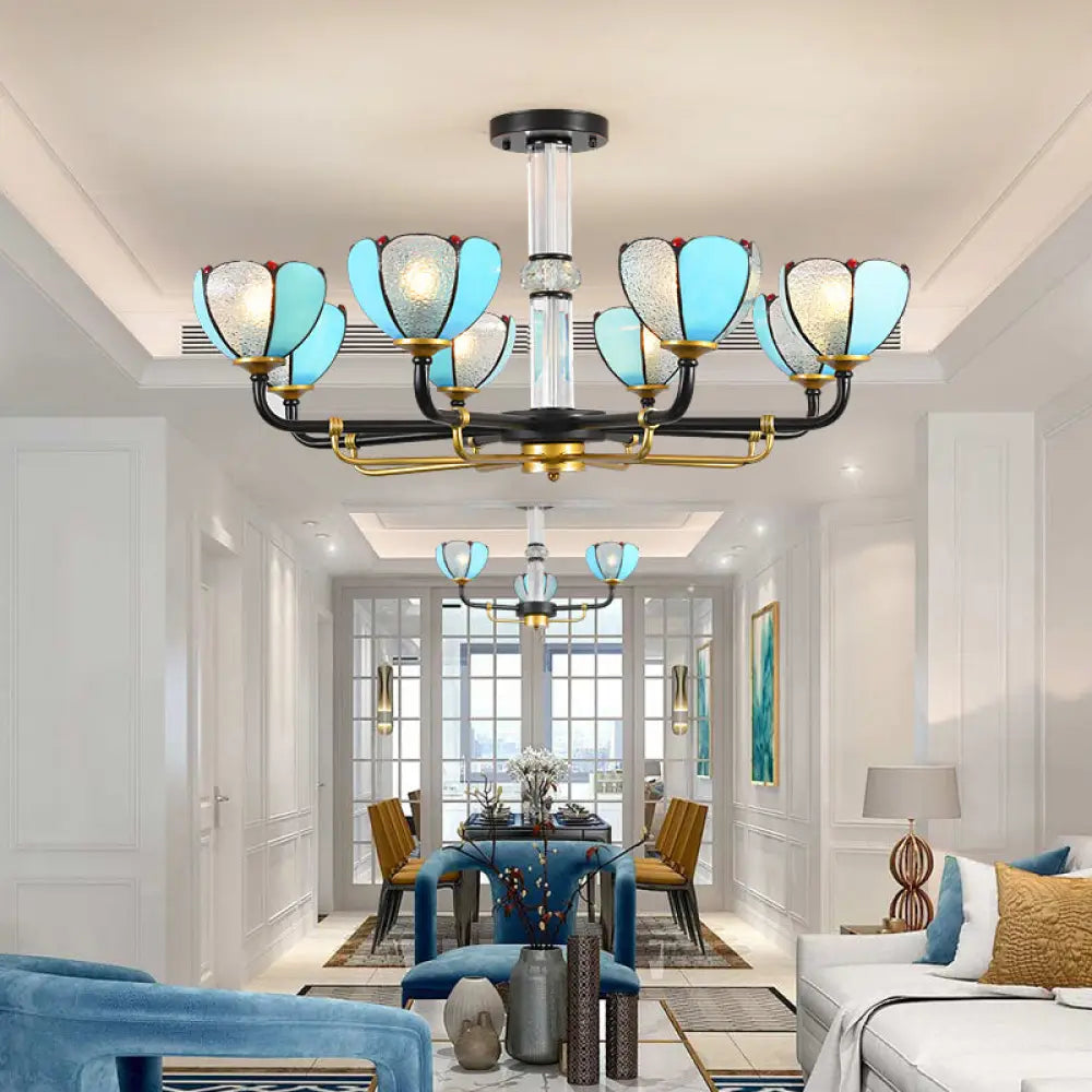 Blue Stained Glass Floral Chandelier - Traditional Pendant Lighting For Living Room 6/8 Lights 8 /