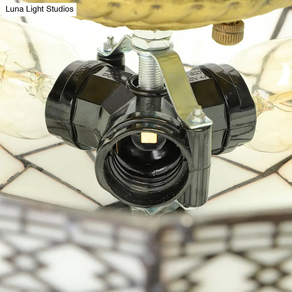 Bowl Flush Ceiling Light 8’/8.5’/10’ Stained Glass 3 Lights In Beige - Traditional Lighting