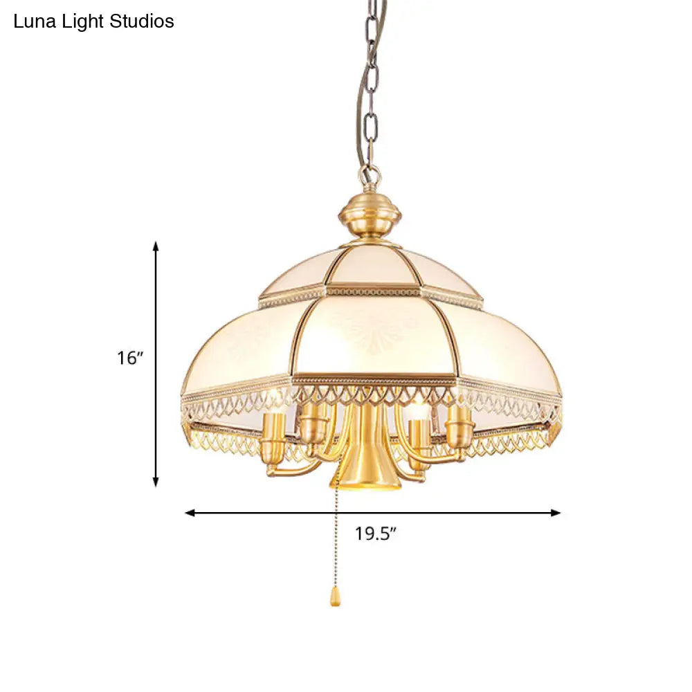 Brass Colonial Chandelier Lamp With Milk Glass Dome - 5 Heads Pendant Light For Bedroom