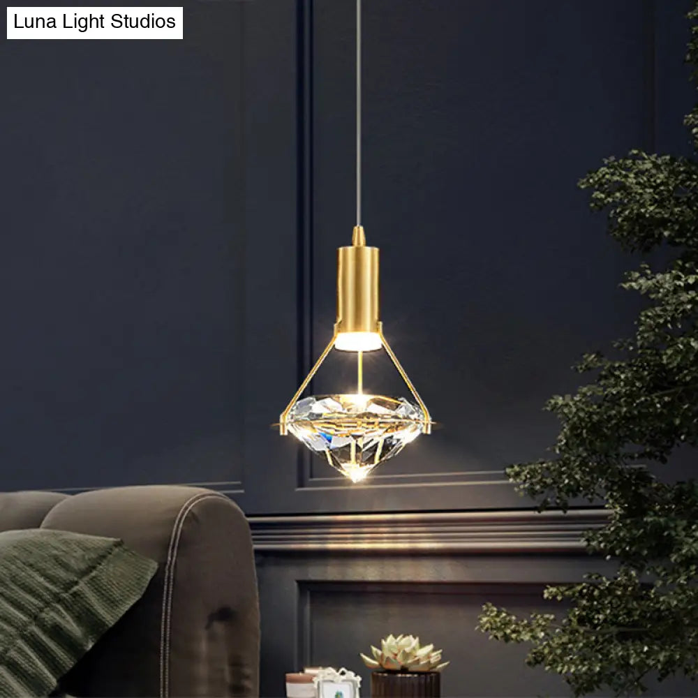 Brass Crystal Pendant Light With Led Modern Diamond Ceiling Lighting For Bedroom