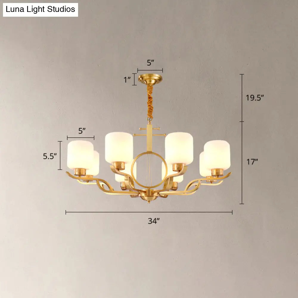 Brass Cylinder Milk Glass Chandelier Pendant Light For Traditional Living Rooms