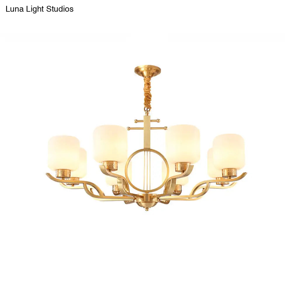 Brass Cylinder Milk Glass Chandelier Pendant Light For Traditional Living Rooms