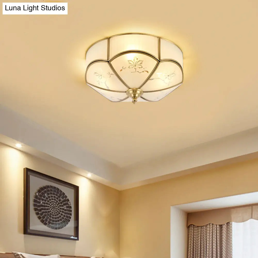 Brass Flush Mount Lamp With Colonial Sandblasted Glass - 3/4/6 Head Options