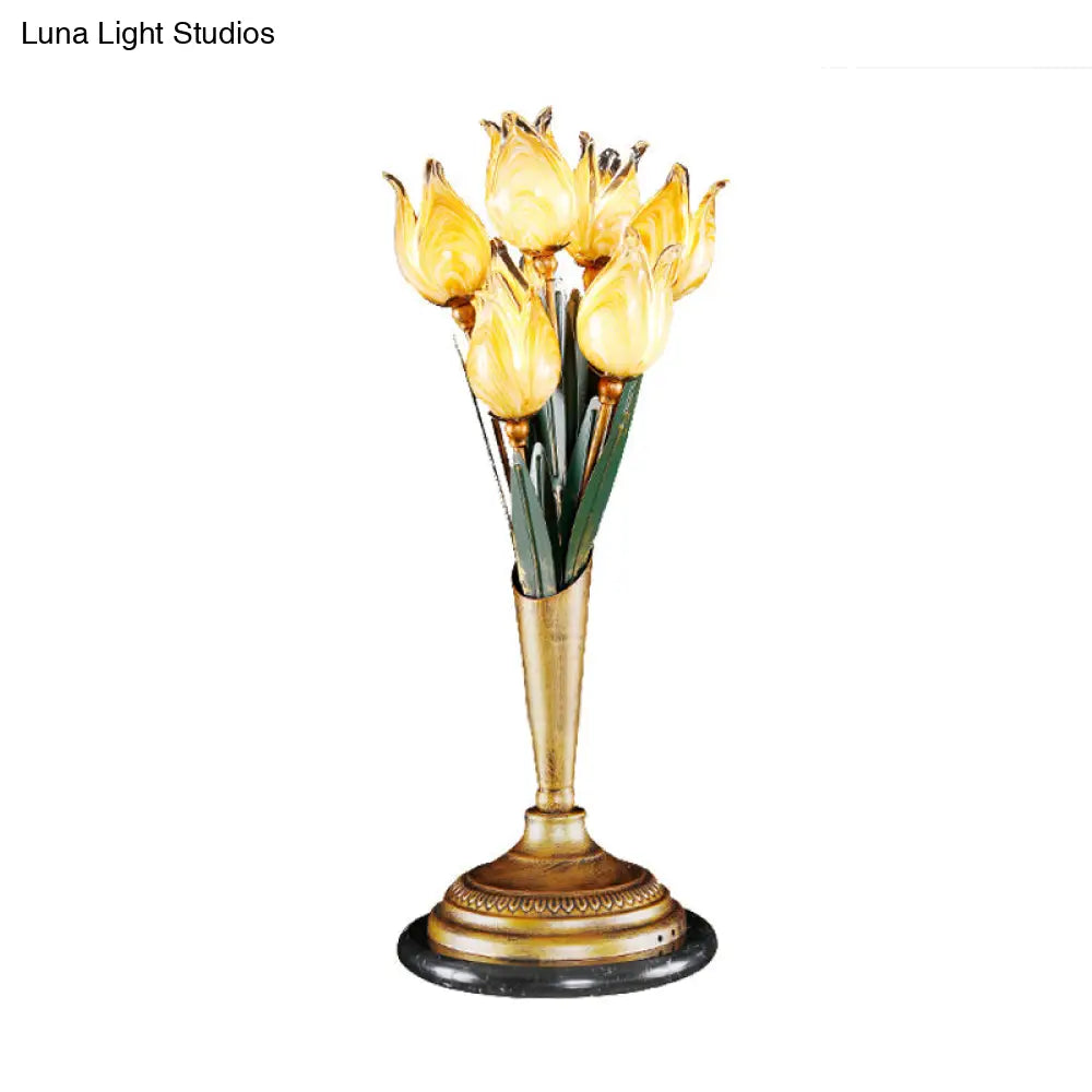 Brass Led Nightstand Light With Tulip Metal Design For Living Room - American Garden Theme