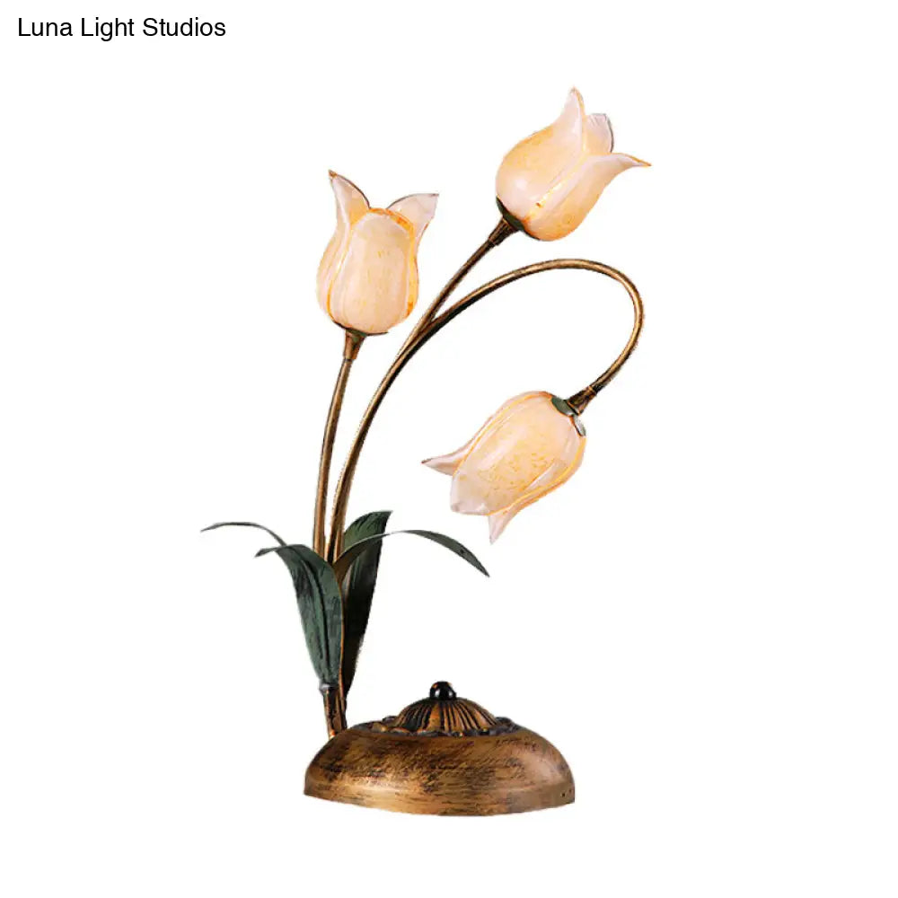 Brass Led Nightstand Light With Tulip Metal Design For Living Room - American Garden Theme