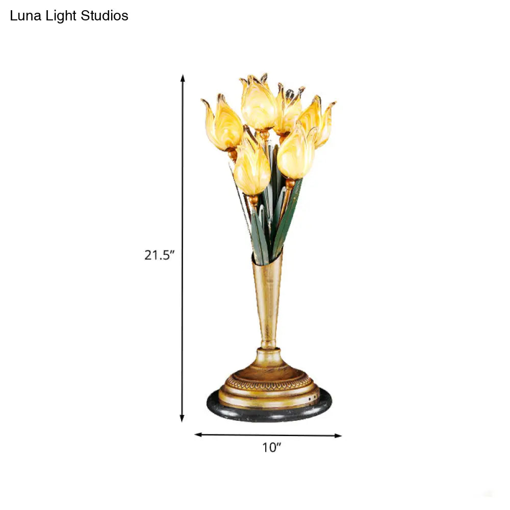 Brass Led Nightstand Light With Tulip Metal Design For Living Room - American Garden Theme
