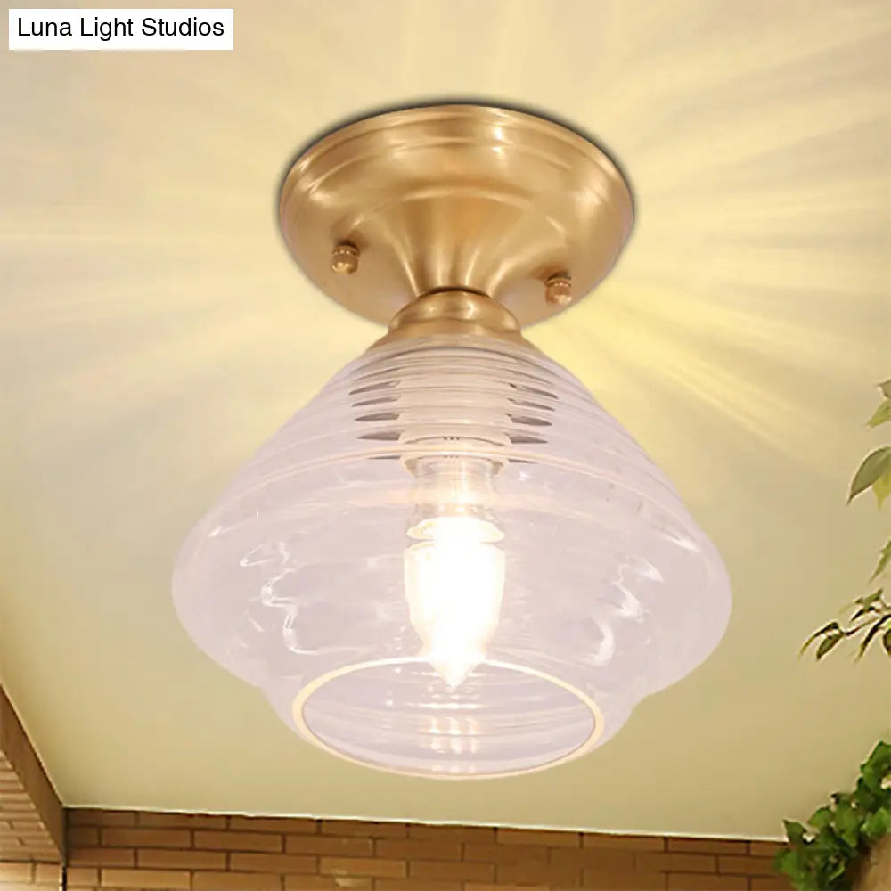 Brass Prismatic Glass Dome/Cone/Barn Flush Mount Light Fixture - Colonial Style 1 Head Porch