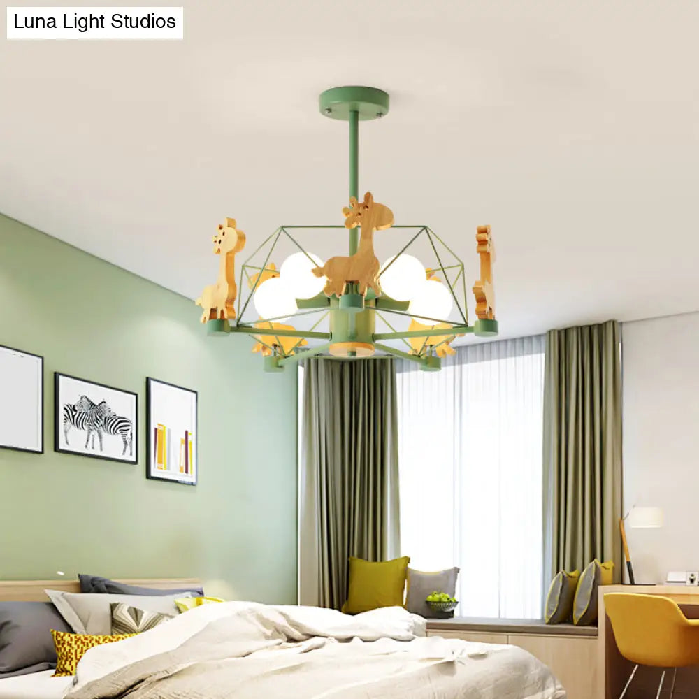 Cartoon Giraffe Kindergarten Ceiling Light: Wooden Hanging Chandelier With Wire Cage