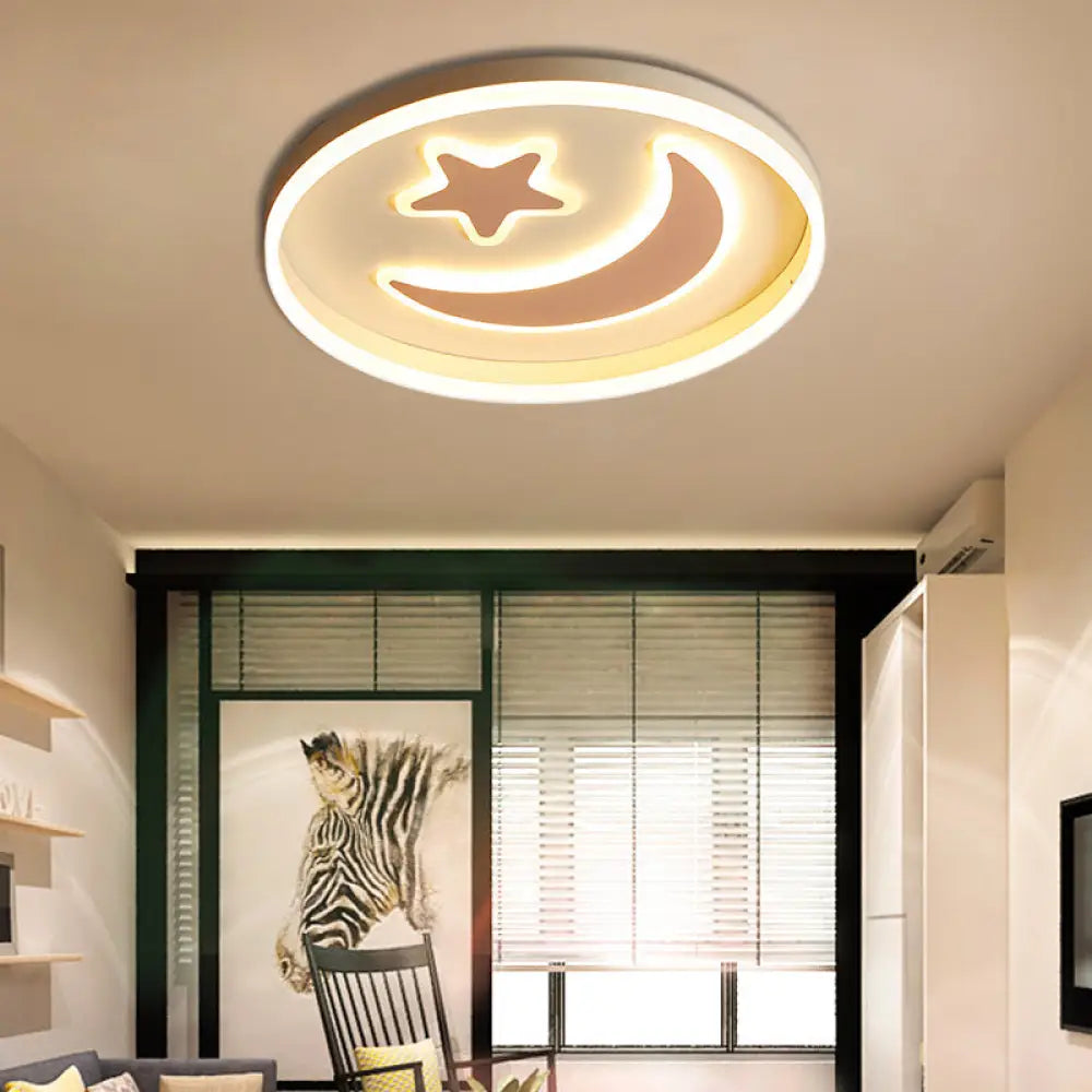 Cartoon Style Round Acrylic Ceiling Mount Led Lamp In Warm/White Light For Bedroom - Black/White