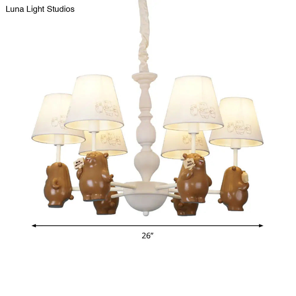 Cartoon Tapered Shade Hanging Lights - 6-Light Fabric Chandelier In White For Living Room