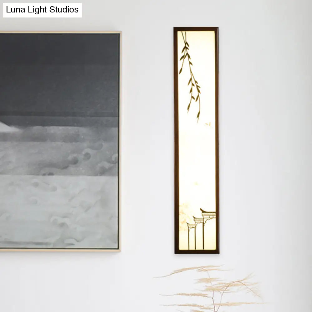 Chinese Style Led Wall Mural Lamp - Acrylic Brown Rectangle Mounted Light With Lotus/Leaf Pattern